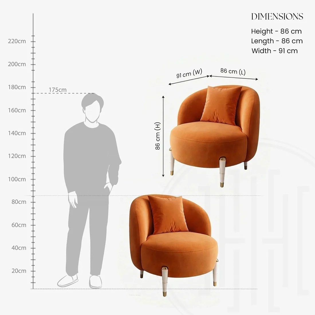 Harold Electricals scale drawing for the Contour Comfort chair showing 91 cm width, 86 cm length and 86 cm height beside a 175 cm human figure