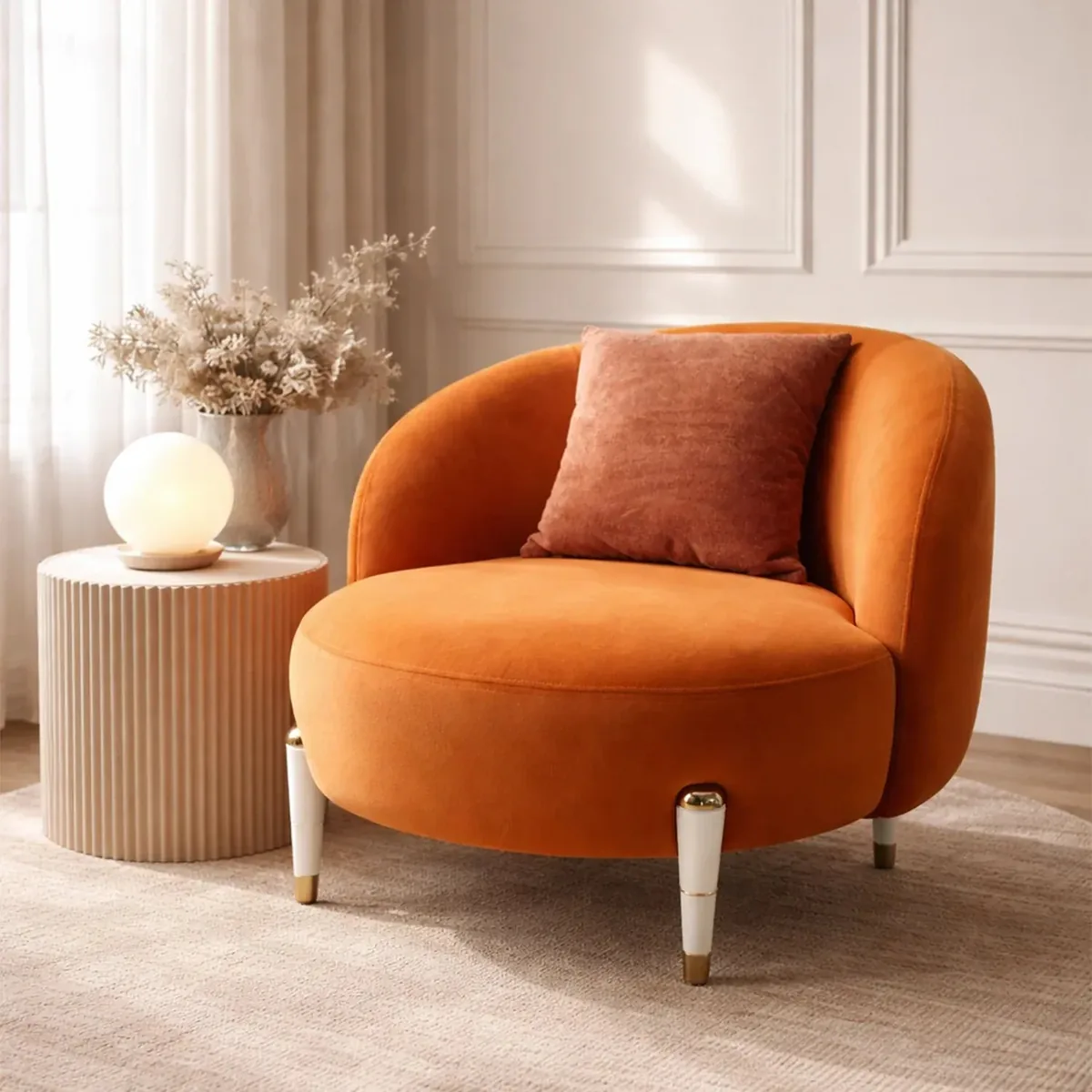 Harold Electricals Contour Comfort Sofa Chair in burnt orange upholstery, a rounded cocoon-shaped armchair with a matching cushion and tapered cream legs with brass tips