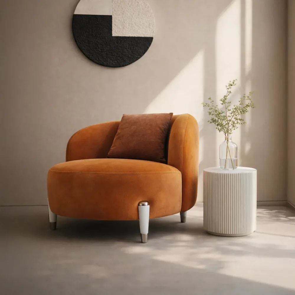 The Contour Comfort chair in a minimal room with a monochrome wall sculpture and a glass vase